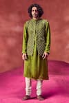 Buy_PUNIT BALANA_Green Chanderi Silk Embroidery Resham And Sequin Bundi Kurta Set _at_Aza_Fashions