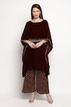 Buy_Monk & Mei_Maroon Kaftan Velvet Plain Boat Neck Nuuh And Palazzo Set _at_Aza_Fashions