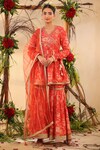 Buy_BAIRAAS_Red Muslin Printed And Embroidered Floral Surplice Neck Kurta Sharara Set_at_Aza_Fashions