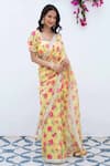 Buy_SUMMER BY PRIYANKA GUPTA_Yellow Silk Mull Print Floral Bloom Square Neck Saree With Blouse _at_Aza_Fashions