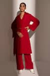 Buy_Kritika Madan Label_Red Banana Crepe Plain Jacket Shawl Full Sleeve Coat And Pant Set  _at_Aza_Fashions