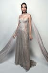 Buy_Rohit Gandhi + Rahul Khanna_Beige Tulle Crystals, Metallic Thread Sweetheart Neck Nave Gown _at_Aza_Fashions