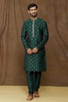 Buy_Samyukta Singhania_Green Kurta: Jacquard Banarasi Silk Floral Pattern Set For Men_at_Aza_Fashions