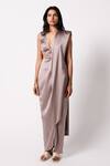Buy_431-88 by Shweta Kapur_Purple Heavy Weight Satin Plunge V Neck Saree Gown _at_Aza_Fashions