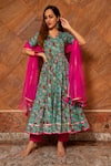 Buy_POMCHA JAIPUR_Green Anarkali And Pant: Cotton Printed Floral Surangi Half Sleeve Set For Women_at_Aza_Fashions