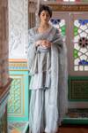Nirjara_Gray Velvet Embroidery Open Neck Grey Jacket _Online_at_Aza_Fashions