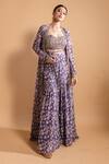 Buy_RIA SHAH LABEL_Purple Poly Georgette Printed Floral Sweetheart Neck Jacket And Sharara Set _at_Aza_Fashions