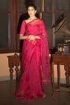 Buy_Deep Thee_Pink Organza Embroidery Dot Booti Leaf Neck Hand Saree With Blouse _at_Aza_Fashions