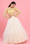 Buy_PIRI INDIA_Ivory Organza Hand Embroidered Glass Beads Cape  Round Crop Top And Lehenga Set _at_Aza_Fashions