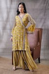 Buy_Soup by Sougat Paul_Yellow Crepe Printed Floral V Neck Sarouk Angrakha And Palazzo Set _at_Aza_Fashions