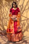 Buy_POMCHA JAIPUR_Orange Cotton Printed Leheriya Leaf Neck Veena Kurta Lehenga Set_at_Aza_Fashions