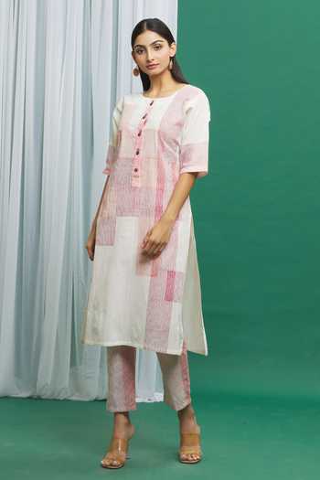 Buy_BANANA labs_Pink Cotton Round Neck Print Kurta And Pant Set _at_Aza_Fashions