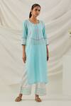 Buy_The Indian Cause_Blue Cotton Sequins, Embroidery Round Geometric Chikankari Kurta With Palazzo _at_Aza_Fashions