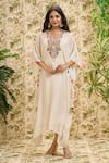 Buy_Aariyana Couture_Off White Kaftan-cotton Silk Embroidered Pearl V Neck Thread And Work Kaftan _at_Aza_Fashions