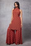 Buy_Senren by Eshana Raut_Red Crepe Print Swirl Line Halter Neck Kurta With Sharara _at_Aza_Fashions