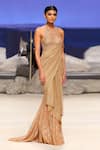 Buy_Tarun Tahiliani_Gold Crinkle Tulle Embellishment Crystals Round French Lace Saree Gown_at_Aza_Fashions