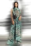 Buy_Abhishek Sharma_Green Poly Georgette Printed Reef Patterns High Asymmetric Draped Top  _at_Aza_Fashions