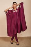 Buy_Sue Mue_Wine Silk And Lycra Crepe Embroidery Zardozi V Neck Kaya Kaftan Set _at_Aza_Fashions