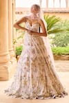 Buy_LASHKARAA_Grey Net Printed Floral Sweetheart Neck Butterfly Embellished Anarkali Set _at_Aza_Fashions