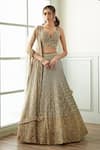 Buy_Studio Iris India_Grey Organza Embroidery Floral Geometric Sweetheart Heera Bridal Lehenga Set _at_Aza_Fashions