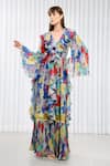 Buy_Mandira Wirk_Multi Color Chiffon Printed Hibiscus V Neck Ruffle Gown _at_Aza_Fashions