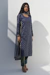 Buy_Nadima Saqib_Blue Jaquard Zari Chanderi Embroidery Mirror Round Neck Kurta _at_Aza_Fashions