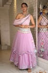 Buy_XOXO Apurva_Purple Tulle Embroidered Floral Asymmetric Lehenga Skirt And Blouse Set  _at_Aza_Fashions