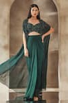 Buy_Seema Thukral_Emerald Green Blouse And Skirt Georgette Embroidery Zari Cape Open Set _at_Aza_Fashions