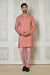 Buy_Samyukta Singhania_Coral Cotton Silk Printed Linear Short Mandarin Collar Kurta_at_Aza_Fashions