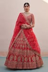 Angad Singh_Red Raw Silk Embroidery Zardozi Leaf Neck Work Bridal Lehenga Set_Online_at_Aza_Fashions