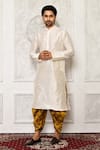 Buy_Arihant Rai Sinha_Yellow Dupion Silk Abstract Pattern Hem Cowl Pant _at_Aza_Fashions