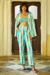 Buy_Khushbu Rathod Label_Blue Mushroom Silk Striped Bustier  Sweetheart Neck Pattern Blazer Pant Set _at_Aza_Fashions