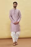 Buy_Arihant Rai Sinha_Grey Silk Embroidery Thread Leaf Collar Kurta And Dhoti Pant Set _at_Aza_Fashions