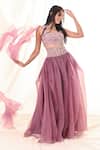 Buy_PIRI INDIA_Purple Chanderi, Organza Sequins, Beads, Cowl High-waisted Lehenga Set _at_Aza_Fashions