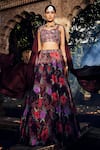 Buy_Awigna_Wine Blouse Net Printed Floral Sweetheart Neck Dilnoor Lehenga Set  _at_Aza_Fashions