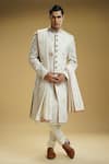 Buy_Kommal Sood_Off White Silk Dupion Embroidered Floral Jaali Sherwani Set With Stole  _at_Aza_Fashions