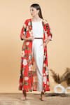 Buy_Divi By Sonal Khandelwal_Red Muslin, Cotton Boat Neck Wild Rose Print Cape And White Pant Set _at_Aza_Fashions