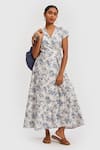 Buy_Reistor_White Poplin Printed Floral V Neck Wraparound Midi Dress  _at_Aza_Fashions