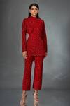Buy Stotram Red Top- Net Embroidery Sequins High Neck Scallop And Pant Set at Aza Fashions Buy_Stotram_Red Top- Net Embroidery Sequins High Neck Scallop And Pant Set_at_Aza_Fashions