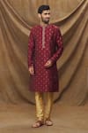 Buy_Samyukta Singhania_Wine Kurta Jacquard Banarasi Silk Floret Metallic Pattern And Churidar Set _at_Aza_Fashions