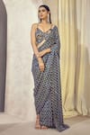 Buy_AFFROZ_Blue Russian Silk Printed Paisley Jaal V Neck Pre-draped Saree With Blouse_at_Aza_Fashions