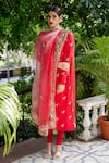 Buy_Atelier Shikaarbagh_Red Kurta Silk Satin Embroidery Floral Round Churidar Set  _at_Aza_Fashions