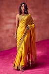 Buy_PUNIT BALANA_Yellow Organza Silk Embroidery Resham And Mirror V Neck Border Saree With Blouse _at_Aza_Fashions