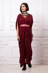 Buy_Megha Garg_Red Sequins V-neck Stripe Print Drape Kaftan Jumpsuit _at_Aza_Fashions