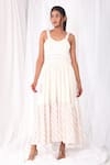 Buy_KHAT_White Soft Twill Cotton Embroidered Stitch Lines Scoop Neck Stripe Dress _at_Aza_Fashions