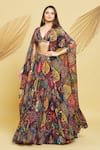 Buy_Rajat K Tangri_Multi Color Georgette Mughal Motifs Blouse V Jaal Long Cape And Flared Pant Set _at_Aza_Fashions