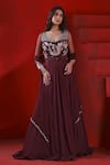 Buy_Isha Gupta Tayal_Wine Crepe Embroidered Floral V Neck Yoke Flared Gown With Dupatta _at_Aza_Fashions