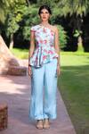 Buy_Tarini Vij_Blue Natural Crepe Tropicana One Shoulder Printed Peplum Top And Pant Set _at_Aza_Fashions
