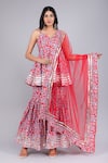 Buy_Pomcha Jaipur_Red Cotton, Net Zari Floret Print Anarkali Sharara Set _at_Aza_Fashions