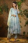 Buy_Bairaas_Blue Mul Cotton Hand Block Print Floral V Neck Angrakha Anarkali Set_at_Aza_Fashions